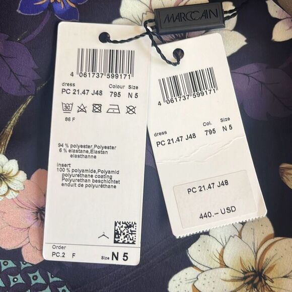 Marc Cain Purple Floral Bird Faux Leather Trim Dress Pockets US 12 N5 NWT $440 - Picture 10 of 12